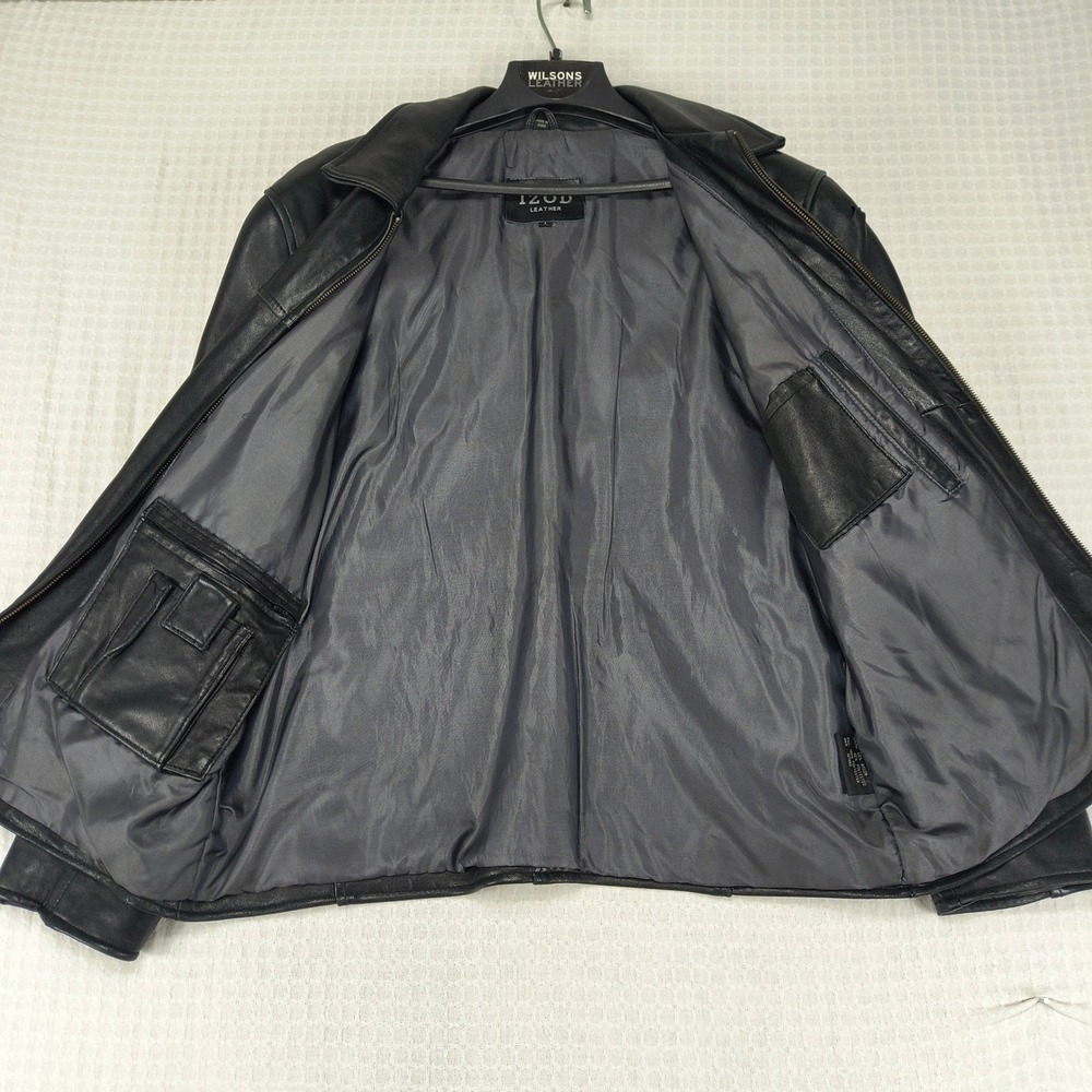 IZOD Leather Jacket Mens Large Black Full Zip Bomber Harrington Coat Solid - Picture 3 of 11
